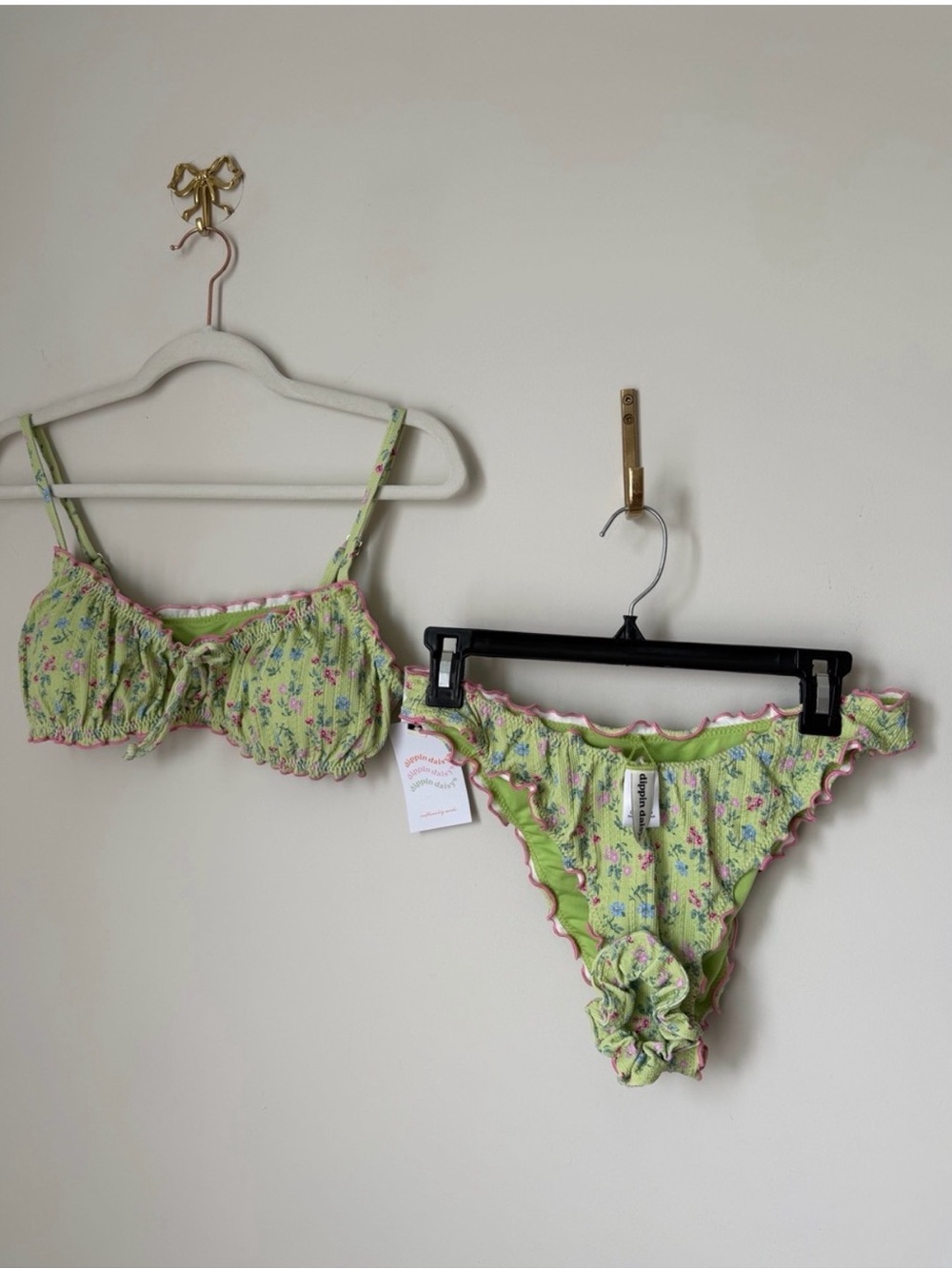 Dippin' Daisy's Green Floral Ruffle Bikini set and scrunchie